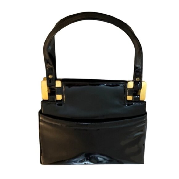 Lux Black Patent Leather Handbag Glossy VTG 60s Top Handles Gold Tone Hardware - Picture 14 of 14